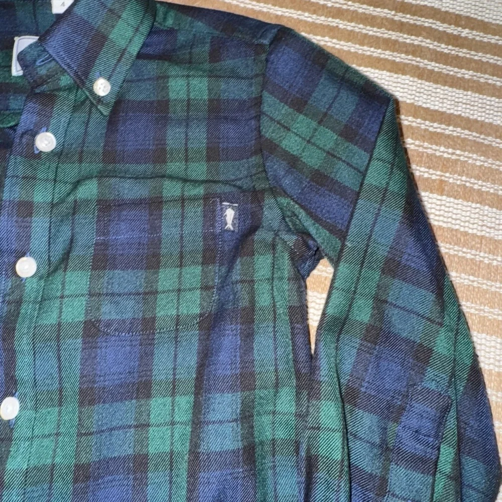 Southern Lure Boys Navy & Green Plaid Woven Button Down Dress Shirt Size 4